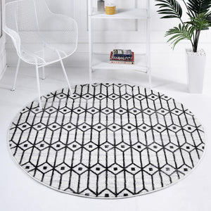 White 7' x 7' Matrix Trellis Round Area Rug 100% Polyester Geometric Pattern Modern Carpet for Living, Dining, Bedroom, Office for Sale at Rug Engine