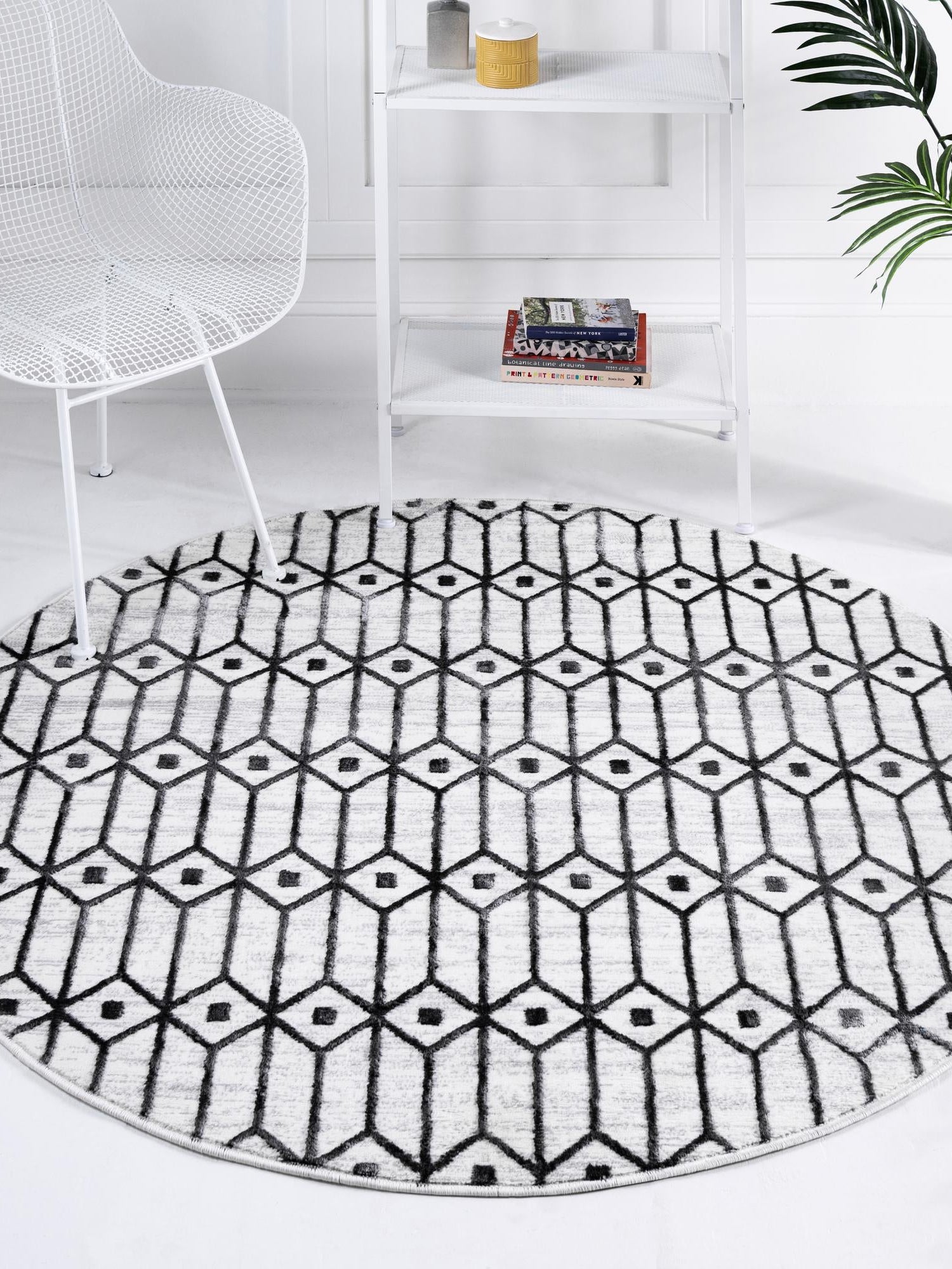 White 8' x 8' Matrix Trellis Round Area Rug 100% Polyester Geometric Pattern Modern Carpet for Living, Dining, Bedroom, Office for Sale at Rug Engine