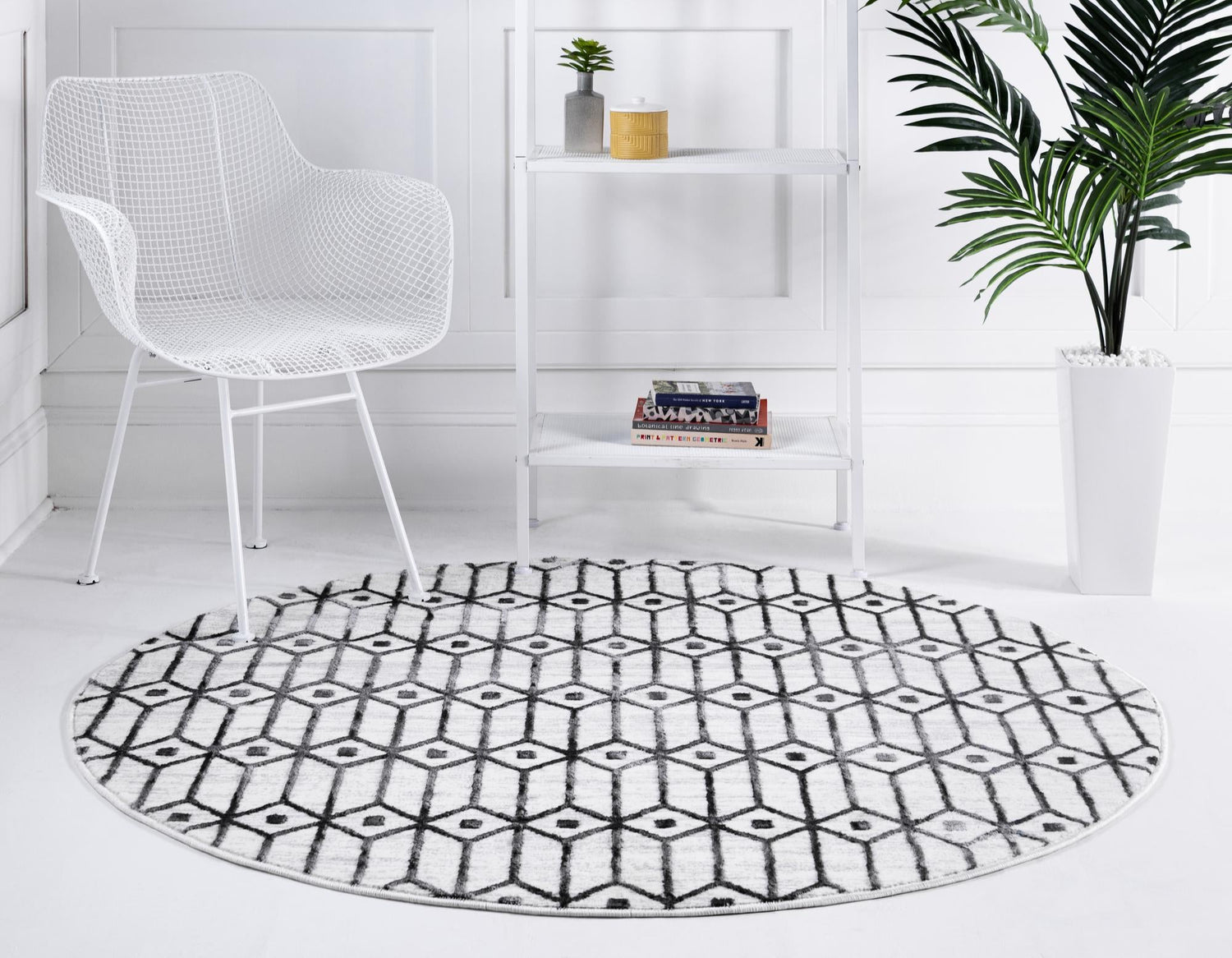 White 5' 1 x 5' 1 Matrix Trellis Round Area Rug 100% Polyester Geometric Pattern Modern Carpet for Living, Dining, Bedroom, Office for Sale at Rug Engine