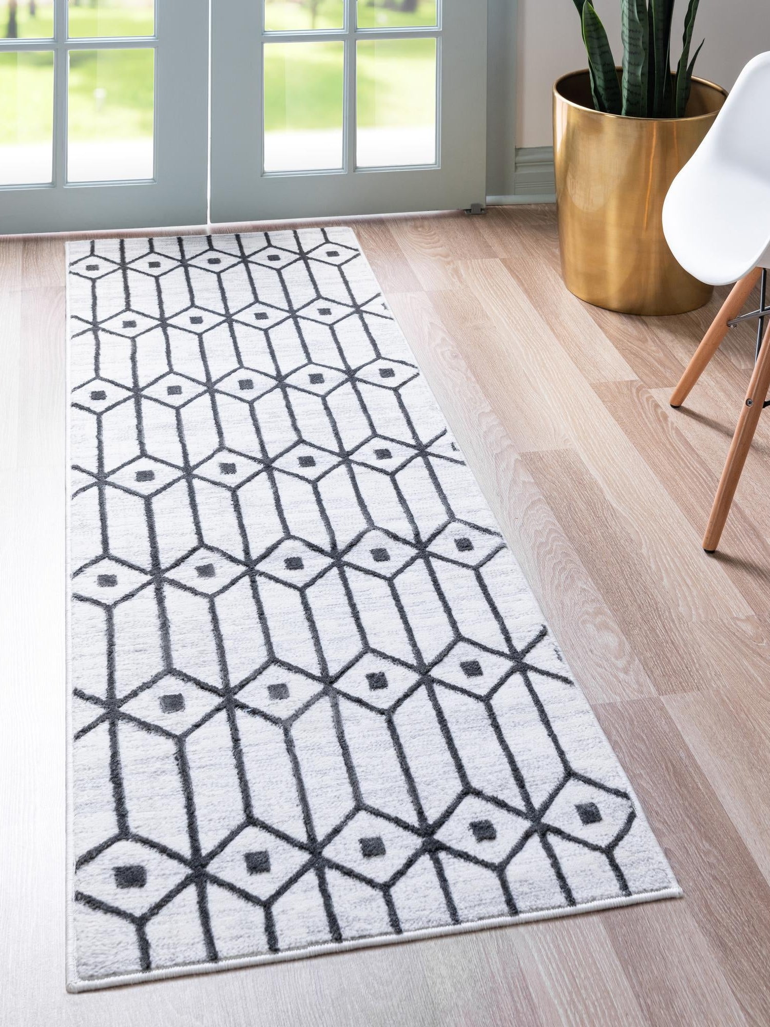 White 2' 11 x 19' 8 Matrix Trellis Runner Area Rug 100% Polyester Geometric Pattern Modern Carpet for Living, Dining, Bedroom, Office for Sale at Rug Engine