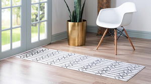 White 2' 11 x 19' 8 Matrix Trellis Runner Area Rug 100% Polyester Geometric Pattern Modern Carpet for Living, Dining, Bedroom, Office for Sale at Rug Engine
