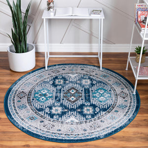 Blue 8' x 8' Aarhus Round Area Rug 100% Polypropylene With Jute Foundation Living Room Bedroom Carpet for Sale at Rug Engine