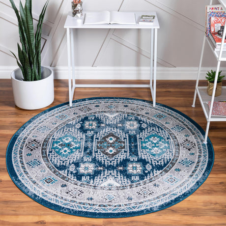 Blue 8' x 8' Aarhus Round Area Rug 100% Polypropylene With Jute Foundation Living Room Bedroom Carpet for Sale at Rug Engine