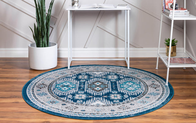 Blue 8' x 8' Aarhus Round Area Rug 100% Polypropylene With Jute Foundation Living Room Bedroom Carpet for Sale at Rug Engine