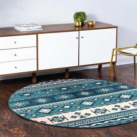 Blue 5' 3 x 5' 3 Lucerne Round Area Rug 100% Polypropylene Traditional Classic Easy Clean Carpet for Kitchens, Living Rooms, Bedroom, Office for Sale at Rug Engine