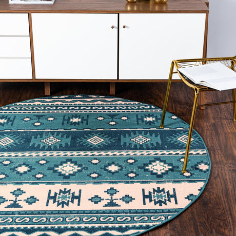 Blue 5' 3 x 5' 3 Lucerne Round Area Rug 100% Polypropylene Traditional Classic Easy Clean Carpet for Kitchens, Living Rooms, Bedroom, Office for Sale at Rug Engine