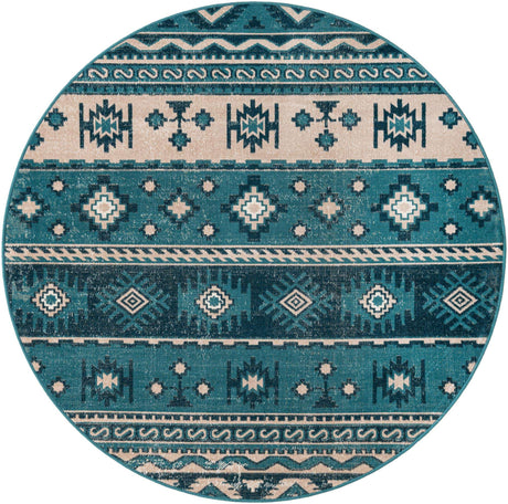 Blue 5' 3 x 5' 3 Lucerne Round Area Rug 100% Polypropylene Traditional Classic Easy Clean Carpet for Kitchens, Living Rooms, Bedroom, Office for Sale at Rug Engine