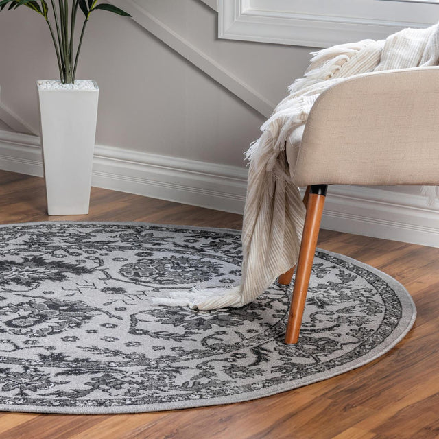 Light Gray 5' 3 x 5' 3 Lucerne Round Area Rug 100% Polypropylene Traditional Classic Easy Clean Carpet for Kitchens, Living Rooms, Bedroom, Office for Sale at Rug Engine