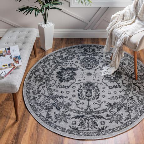Light Gray 5' 3 x 5' 3 Lucerne Round Area Rug 100% Polypropylene Traditional Classic Easy Clean Carpet for Kitchens, Living Rooms, Bedroom, Office for Sale at Rug Engine