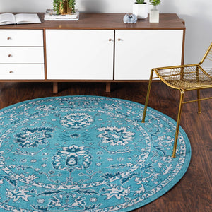 Blue 5' 3 x 5' 3 Lucerne Round Area Rug 100% Polypropylene Traditional Classic Easy Clean Carpet for Kitchens, Living Rooms, Bedroom, Office for Sale at Rug Engine