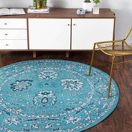 Blue 5' 3 x 5' 3 Lucerne Round Area Rug 100% Polypropylene Traditional Classic Easy Clean Carpet for Kitchens, Living Rooms, Bedroom, Office for Sale at Rug Engine