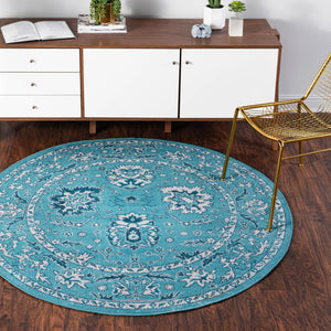 Blue 5' 3 x 5' 3 Lucerne Round Area Rug 100% Polypropylene Traditional Classic Easy Clean Carpet for Kitchens, Living Rooms, Bedroom, Office for Sale at Rug Engine