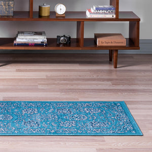 Blue 2' 7 x 10' Lucerne Runner Area Rug 100% Polypropylene Traditional Classic Easy Clean Carpet for Kitchens, Living Rooms, Bedroom, Office for Sale at Rug Engine