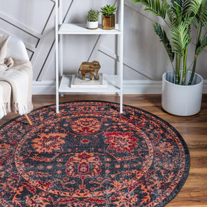 Black 5' 3 x 5' 3 Lucerne Round Area Rug 100% Polypropylene Traditional Classic Easy Clean Carpet for Kitchens, Living Rooms, Bedroom, Office for Sale at Rug Engine