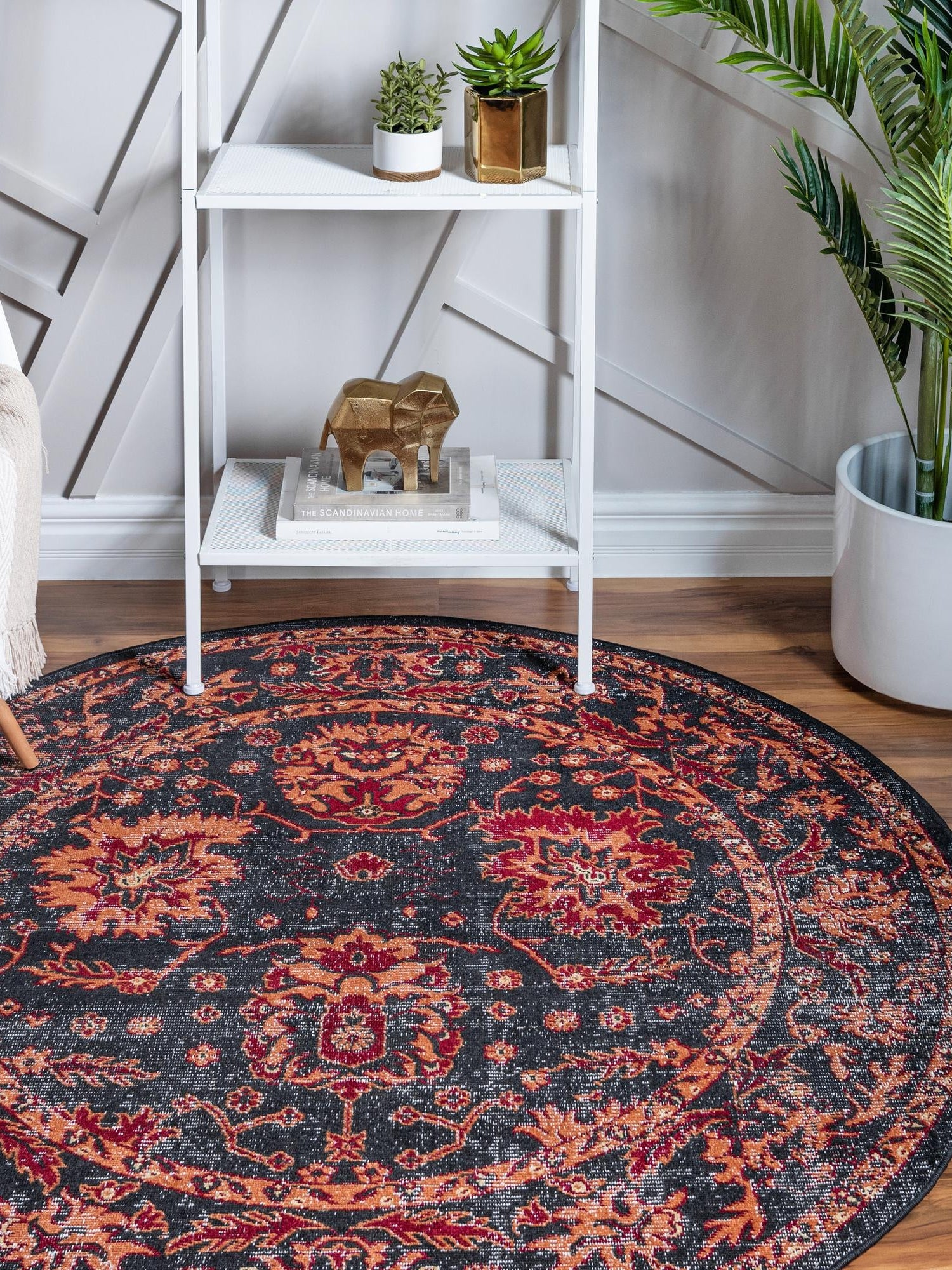 Black 6' 1 x 6' 1 Lucerne Round Area Rug 100% Polypropylene Traditional Classic Easy Clean Carpet for Kitchens, Living Rooms, Bedroom, Office for Sale at Rug Engine