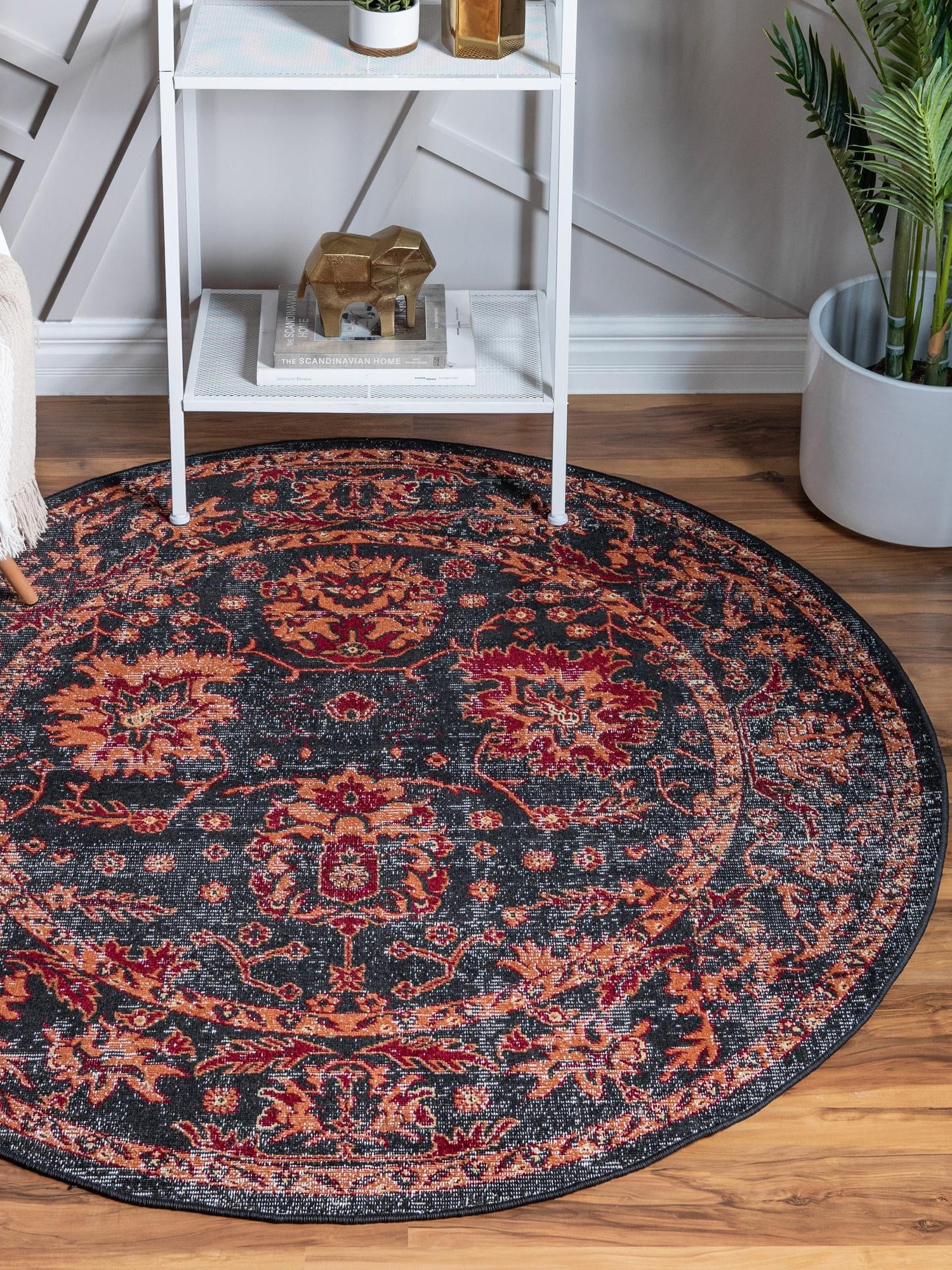 Black 7' 10 x 7' 10 Lucerne Round Area Rug 100% Polypropylene Traditional Classic Easy Clean Carpet for Kitchens, Living Rooms, Bedroom, Office for Sale at Rug Engine