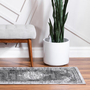 Gray 2' 7 x 10' Lucerne Runner Area Rug 100% Polypropylene Traditional Classic Easy Clean Carpet for Kitchens, Living Rooms, Bedroom, Office for Sale at Rug Engine