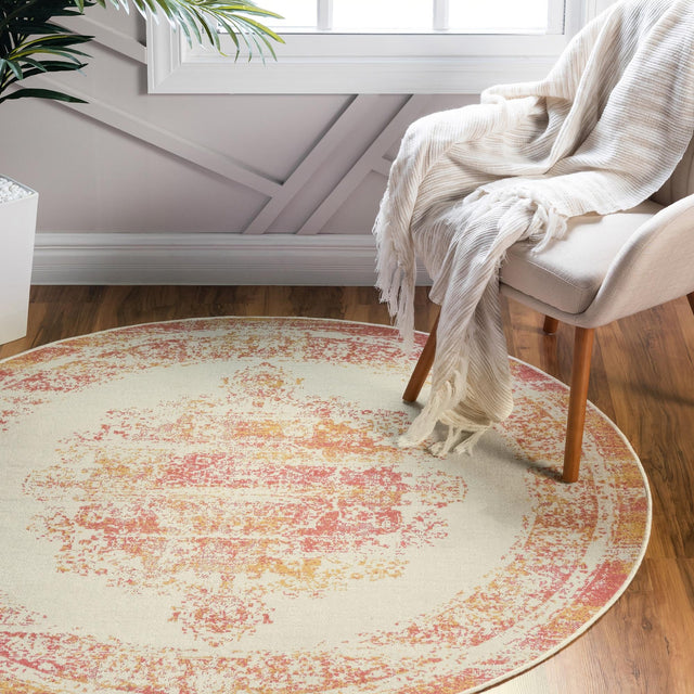 Ivory 5' 3 x 5' 3 Lucerne Round Area Rug 100% Polypropylene Traditional Classic Easy Clean Carpet for Kitchens, Living Rooms, Bedroom, Office for Sale at Rug Engine