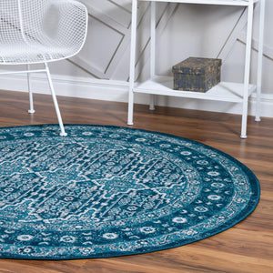 Blue 5' 3 x 5' 3 Lucerne Round Area Rug 100% Polypropylene Traditional Classic Easy Clean Carpet for Kitchens, Living Rooms, Bedroom, Office for Sale at Rug Engine