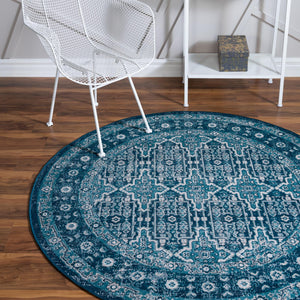 Blue 5' 3 x 5' 3 Lucerne Round Area Rug 100% Polypropylene Traditional Classic Easy Clean Carpet for Kitchens, Living Rooms, Bedroom, Office for Sale at Rug Engine