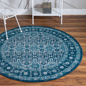 Blue 5' 3 x 5' 3 Lucerne Round Area Rug 100% Polypropylene Traditional Classic Easy Clean Carpet for Kitchens, Living Rooms, Bedroom, Office for Sale at Rug Engine