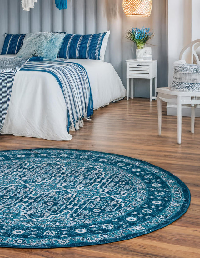 Blue 5' 3 x 5' 3 Lucerne Round Area Rug 100% Polypropylene Traditional Classic Easy Clean Carpet for Kitchens, Living Rooms, Bedroom, Office for Sale at Rug Engine