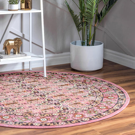Pink 5' 3 x 5' 3 Lucerne Round Area Rug 100% Polypropylene Traditional Classic Easy Clean Carpet for Kitchens, Living Rooms, Bedroom, Office for Sale at Rug Engine