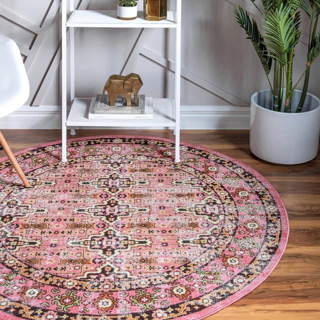 Pink 5' 3 x 5' 3 Lucerne Round Area Rug 100% Polypropylene Traditional Classic Easy Clean Carpet for Kitchens, Living Rooms, Bedroom, Office for Sale at Rug Engine