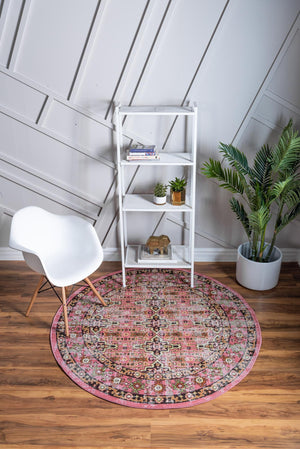 Pink 5' 3 x 5' 3 Lucerne Round Area Rug 100% Polypropylene Traditional Classic Easy Clean Carpet for Kitchens, Living Rooms, Bedroom, Office for Sale at Rug Engine