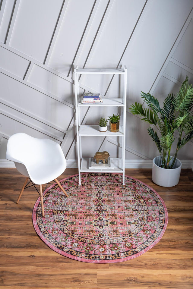 Pink 5' 3 x 5' 3 Lucerne Round Area Rug 100% Polypropylene Traditional Classic Easy Clean Carpet for Kitchens, Living Rooms, Bedroom, Office for Sale at Rug Engine
