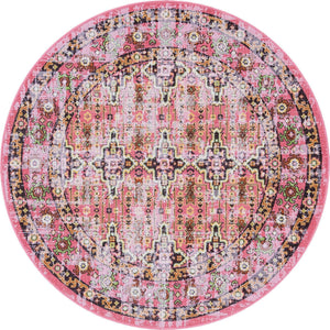 Pink 5' 3 x 5' 3 Lucerne Round Area Rug 100% Polypropylene Traditional Classic Easy Clean Carpet for Kitchens, Living Rooms, Bedroom, Office for Sale at Rug Engine