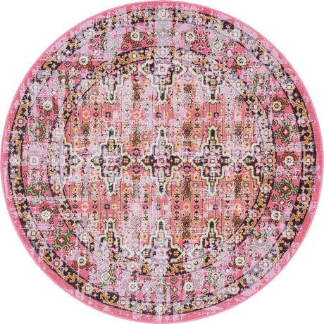 Pink 5' 3 x 5' 3 Lucerne Round Area Rug 100% Polypropylene Traditional Classic Easy Clean Carpet for Kitchens, Living Rooms, Bedroom, Office for Sale at Rug Engine