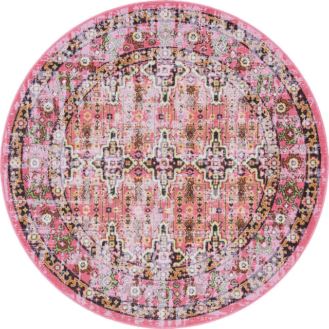 Pink 5' 3 x 5' 3 Lucerne Round Area Rug 100% Polypropylene Traditional Classic Easy Clean Carpet for Kitchens, Living Rooms, Bedroom, Office for Sale at Rug Engine