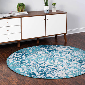 Blue 5' 3 x 5' 3 Lucerne Round Area Rug 100% Polypropylene Traditional Classic Easy Clean Carpet for Kitchens, Living Rooms, Bedroom, Office for Sale at Rug Engine