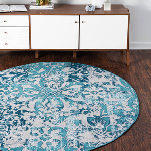 Blue 5' 3 x 5' 3 Lucerne Round Area Rug 100% Polypropylene Traditional Classic Easy Clean Carpet for Kitchens, Living Rooms, Bedroom, Office for Sale at Rug Engine