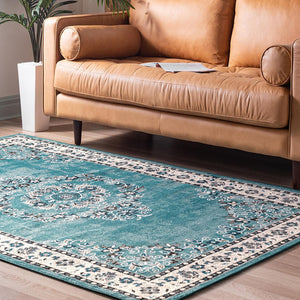 Blue 4' 1 x 6' 1 Lucerne Rectangle Area Rug 100% Polypropylene Traditional Classic Easy Clean Carpet for Kitchens, Living Rooms, Bedroom, Office for Sale at Rug Engine