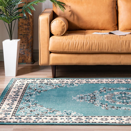 Blue 4' 1 x 6' 1 Lucerne Rectangle Area Rug 100% Polypropylene Traditional Classic Easy Clean Carpet for Kitchens, Living Rooms, Bedroom, Office for Sale at Rug Engine