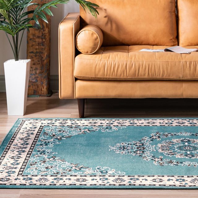 Blue 4' 1 x 6' 1 Lucerne Rectangle Area Rug 100% Polypropylene Traditional Classic Easy Clean Carpet for Kitchens, Living Rooms, Bedroom, Office for Sale at Rug Engine
