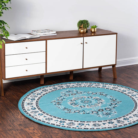 Blue 5' 3 x 5' 3 Lucerne Round Area Rug 100% Polypropylene Traditional Classic Easy Clean Carpet for Kitchens, Living Rooms, Bedroom, Office for Sale at Rug Engine