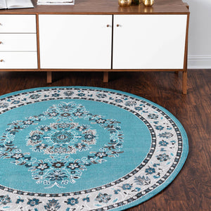 Blue 5' 3 x 5' 3 Lucerne Round Area Rug 100% Polypropylene Traditional Classic Easy Clean Carpet for Kitchens, Living Rooms, Bedroom, Office for Sale at Rug Engine