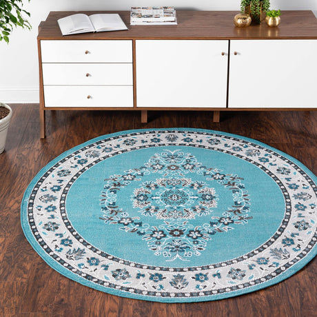 Blue 5' 3 x 5' 3 Lucerne Round Area Rug 100% Polypropylene Traditional Classic Easy Clean Carpet for Kitchens, Living Rooms, Bedroom, Office for Sale at Rug Engine