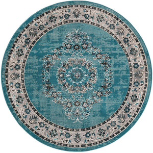 Blue 5' 3 x 5' 3 Lucerne Round Area Rug 100% Polypropylene Traditional Classic Easy Clean Carpet for Kitchens, Living Rooms, Bedroom, Office for Sale at Rug Engine