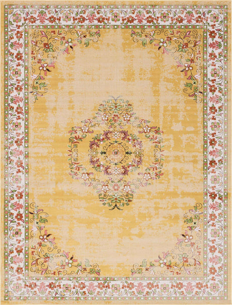 Yellow 9' x 12' Lucerne Rectangle Area Rug 100% Polypropylene Traditional Classic Easy Clean Carpet for Kitchens, Living Rooms, Bedroom, Office for Sale at Rug Engine