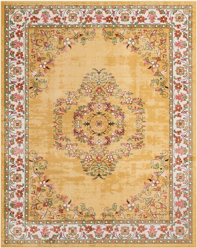Yellow 7' 10 x 10' Lucerne Rectangle Area Rug 100% Polypropylene Traditional Classic Easy Clean Carpet for Kitchens, Living Rooms, Bedroom, Office for Sale at Rug Engine