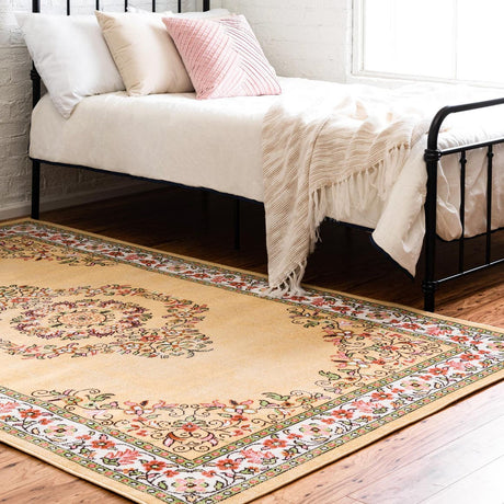 Yellow 4' 1 x 6' 1 Lucerne Rectangle Area Rug 100% Polypropylene Traditional Classic Easy Clean Carpet for Kitchens, Living Rooms, Bedroom, Office for Sale at Rug Engine