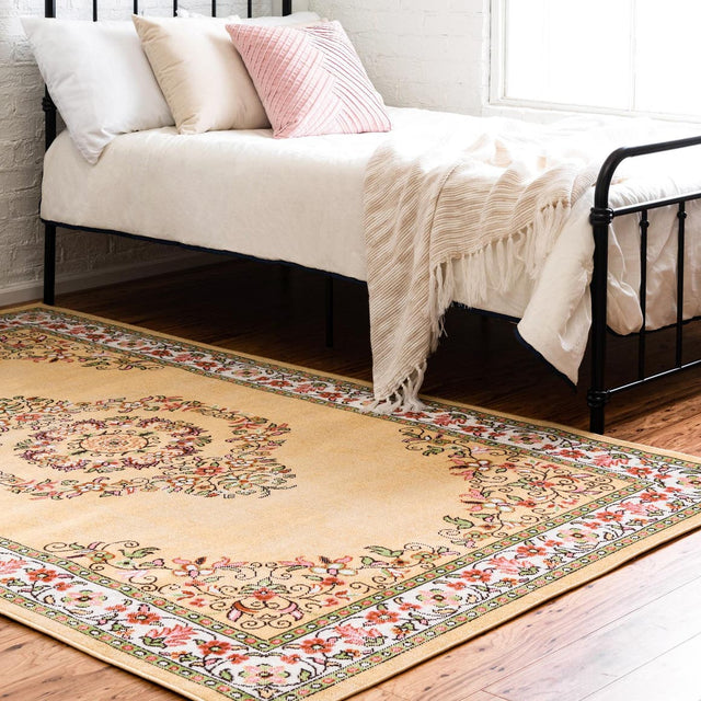Yellow 4' 1 x 6' 1 Lucerne Rectangle Area Rug 100% Polypropylene Traditional Classic Easy Clean Carpet for Kitchens, Living Rooms, Bedroom, Office for Sale at Rug Engine