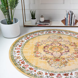 Yellow 5' 3 x 5' 3 Lucerne Round Area Rug 100% Polypropylene Traditional Classic Easy Clean Carpet for Kitchens, Living Rooms, Bedroom, Office for Sale at Rug Engine