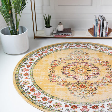 Yellow 5' 3 x 5' 3 Lucerne Round Area Rug 100% Polypropylene Traditional Classic Easy Clean Carpet for Kitchens, Living Rooms, Bedroom, Office for Sale at Rug Engine