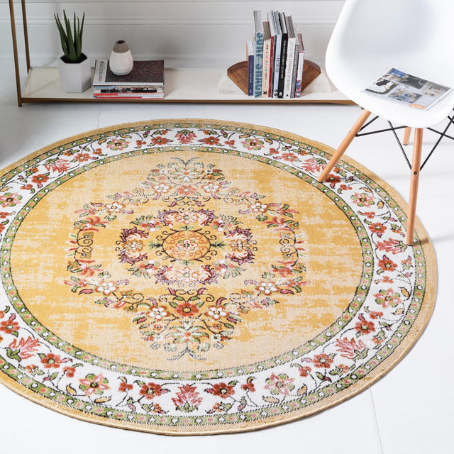 Yellow 5' 3 x 5' 3 Lucerne Round Area Rug 100% Polypropylene Traditional Classic Easy Clean Carpet for Kitchens, Living Rooms, Bedroom, Office for Sale at Rug Engine