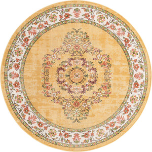 Yellow 5' 3 x 5' 3 Lucerne Round Area Rug 100% Polypropylene Traditional Classic Easy Clean Carpet for Kitchens, Living Rooms, Bedroom, Office for Sale at Rug Engine
